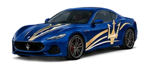 Maserati GranTurismo in Blu Emozione with contrasting sweeping vinyl stripes and trident side graphics, front three-quarter view on a white background.