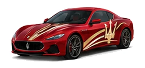 Maserati GranTurismo in Rosso Magma with contrasting sweeping vinyl stripes and trident side graphics, front three-quarter view on a white background.