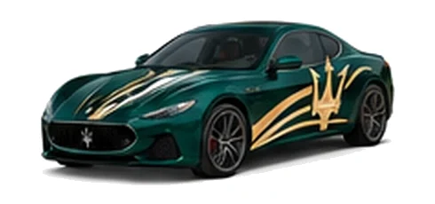 Maserati GranTurismo in Verde Royale with contrasting sweeping vinyl stripes and trident side graphics, front three-quarter view on a white background.