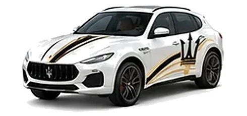 Maserati Grecale in Bianco with contrasting sweeping vinyl stripes and trident side graphics, front three-quarter view on a white background.
