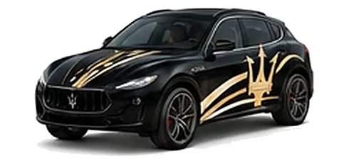 Maserati Grecale in Nero Ribelle with contrasting sweeping vinyl stripes and trident side graphics, front three-quarter view on a white background.