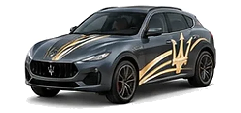 Maserati Grecale in Grigio Maratea with contrasting sweeping vinyl stripes and trident side graphics, front three-quarter view on a white background.