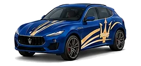 Maserati Grecale in Blu Emozione with contrasting sweeping vinyl stripes and trident side graphics, front three-quarter view on a white background.