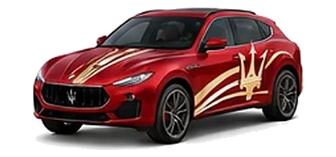 Maserati Grecale in Rosso Magma with contrasting sweeping vinyl stripes and trident side graphics, front three-quarter view on a white background.