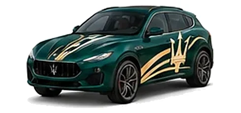 Maserati Grecale in Verde Royale with contrasting sweeping vinyl stripes and trident side graphics, front three-quarter view on a white background.