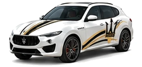 Maserati Levante S in Bianco with contrasting sweeping vinyl stripes and trident side graphics, front three-quarter view on a white background.