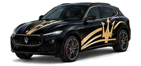 Maserati Levante S in Nero Ribelle with contrasting sweeping vinyl stripes and trident side graphics, front three-quarter view on a white background.