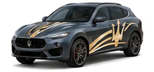 Maserati Levante S in Grigio Maratea with contrasting sweeping vinyl stripes and trident side graphics, front three-quarter view on a white background.