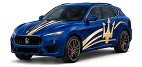 Maserati Levante S in Blu Emozione with contrasting sweeping vinyl stripes and trident side graphics, front three-quarter view on a white background.