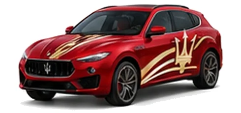 Maserati Levante S in Rosso Magma with contrasting sweeping vinyl stripes and trident side graphics, front three-quarter view on a white background.