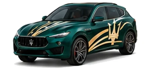 Maserati Levante S in Verde Royale with contrasting sweeping vinyl stripes and trident side graphics, front three-quarter view on a white background.
