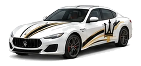 Maserati Quattroporte in Bianco with contrasting sweeping vinyl stripes and trident side graphics, front three-quarter view on a white background.