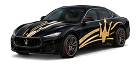 Maserati Quattroporte in Nero Ribelle with contrasting sweeping vinyl stripes and trident side graphics, front three-quarter view on a white background.