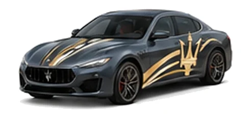 Maserati Quattroporte in Grigio Maratea with contrasting sweeping vinyl stripes and trident side graphics, front three-quarter view on a white background.