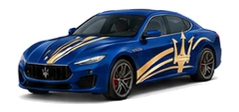 Maserati Quattroporte in Blu Emozione with contrasting sweeping vinyl stripes and trident side graphics, front three-quarter view on a white background.