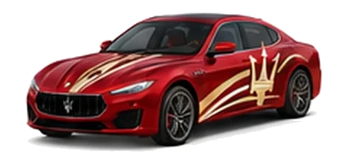 Maserati Quattroporte in Rosso Magma with contrasting sweeping vinyl stripes and trident side graphics, front three-quarter view on a white background.