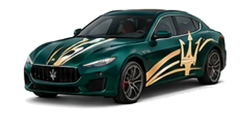 Maserati Quattroporte in Verde Royale with contrasting sweeping vinyl stripes and trident side graphics, front three-quarter view on a white background.