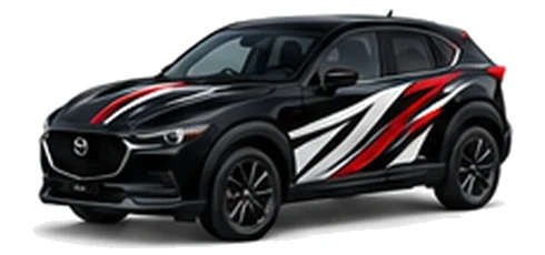 Mazda CX-30 in Jet Black with black, white and red flowing vinyl side graphics, front three-quarter view on a white background.