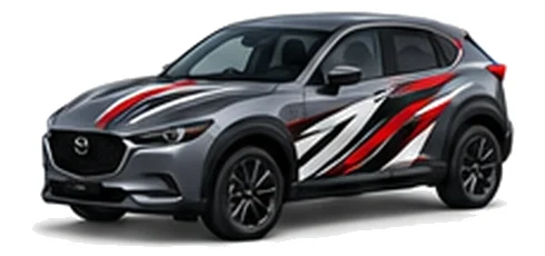 Mazda CX-30 in Machine Grey with black, white and red flowing vinyl side graphics, front three-quarter view on a white background.