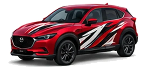 Mazda CX-30 in Soul Red Crystal with black, white and red flowing vinyl side graphics, front three-quarter view on a white background.
