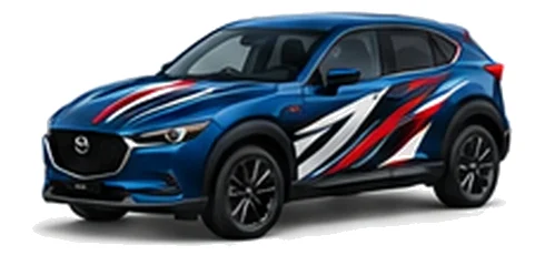Mazda CX-30 in Deep Crystal Blue with black, white and red flowing vinyl side graphics, front three-quarter view on a white background.