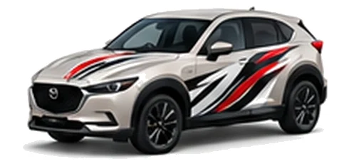 Mazda CX-30 in Platinum Quartz with black, white and red flowing vinyl side graphics, front three-quarter view on a white background.