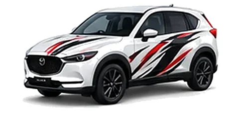 Mazda CX-5 in Snowflake White with black, white and red flowing vinyl side graphics, front three-quarter view on a white background.