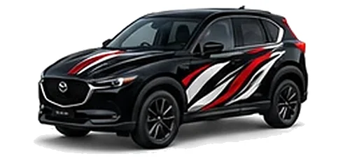 Mazda CX-5 in Jet Black with black, white and red flowing vinyl side graphics, front three-quarter view on a white background.