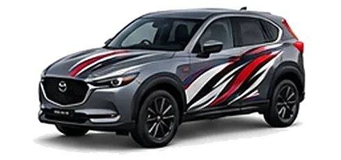 Mazda CX-5 in Machine Grey with black, white and red flowing vinyl side graphics, front three-quarter view on a white background.