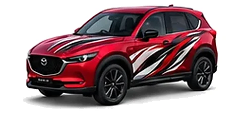 Mazda CX-5 in Soul Red Crystal with black, white and red flowing vinyl side graphics, front three-quarter view on a white background.