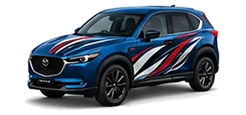 Mazda CX-5 in Deep Crystal Blue with black, white and red flowing vinyl side graphics, front three-quarter view on a white background.