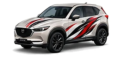 Mazda CX-5 in Platinum Quartz with black, white and red flowing vinyl side graphics, front three-quarter view on a white background.