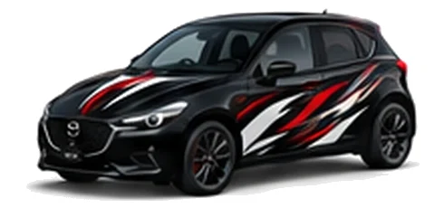 Mazda2 in Jet Black with black, white and red flowing vinyl side graphics, front three-quarter view on a white background.