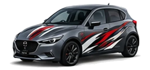 Mazda2 in Machine Grey with black, white and red flowing vinyl side graphics, front three-quarter view on a white background.