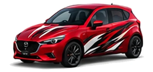 Mazda2 in Soul Red Crystal with black, white and red flowing vinyl side graphics, front three-quarter view on a white background.