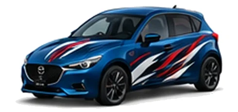 Mazda2 in Deep Crystal Blue with black, white and red flowing vinyl side graphics, front three-quarter view on a white background.