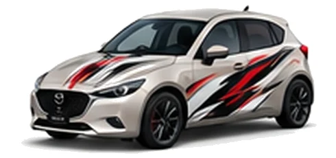 Mazda2 in Platinum Quartz with black, white and red flowing vinyl side graphics, front three-quarter view on a white background.