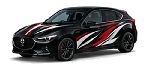 Mazda3 in Jet Black with black, white and red flowing vinyl side graphics, front three-quarter view on a white background.