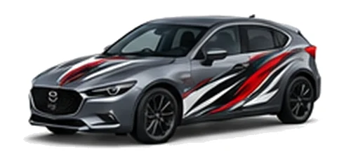 Mazda3 in Machine Grey with black, white and red flowing vinyl side graphics, front three-quarter view on a white background.