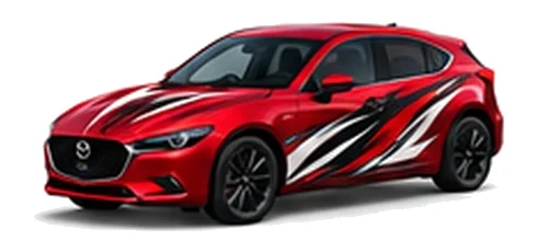Mazda3 in Soul Red Crystal with black, white and red flowing vinyl side graphics, front three-quarter view on a white background.