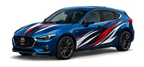 Mazda3 in Deep Crystal Blue with black, white and red flowing vinyl side graphics, front three-quarter view on a white background.
