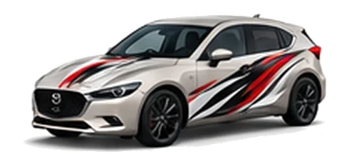 Mazda3 in Platinum Quartz with black, white and red flowing vinyl side graphics, front three-quarter view on a white background.