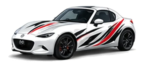 Mazda MX-5 RF in Snowflake White with black, white and red flowing vinyl side graphics, front three-quarter view on a white background.