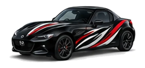 Mazda MX-5 RF in Jet Black with black, white and red flowing vinyl side graphics, front three-quarter view on a white background.