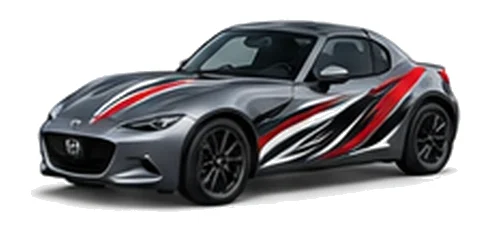 Mazda MX-5 RF in Machine Grey with black, white and red flowing vinyl side graphics, front three-quarter view on a white background.