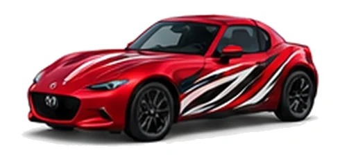 Mazda MX-5 RF in Soul Red Crystal with black, white and red flowing vinyl side graphics, front three-quarter view on a white background.
