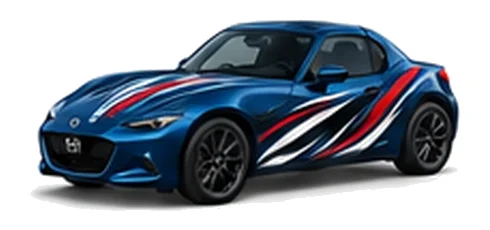 Mazda MX-5 RF in Deep Crystal Blue with black, white and red flowing vinyl side graphics, front three-quarter view on a white background.