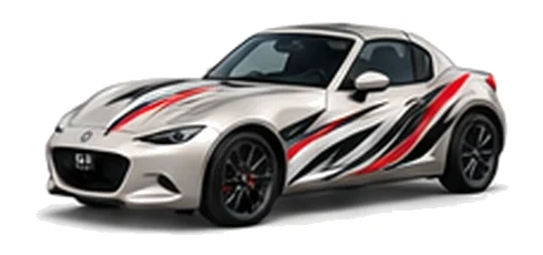 Mazda MX-5 RF in Platinum Quartz with black, white and red flowing vinyl side graphics, front three-quarter view on a white background.