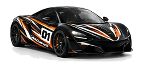 McLaren 570S in Onyx Black with black, white and orange racing graphics with a number 01 door panel, front three-quarter view on a white background.