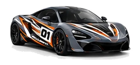 McLaren 570S in Storm Grey with black, white and orange racing graphics with a number 01 door panel, front three-quarter view on a white background.